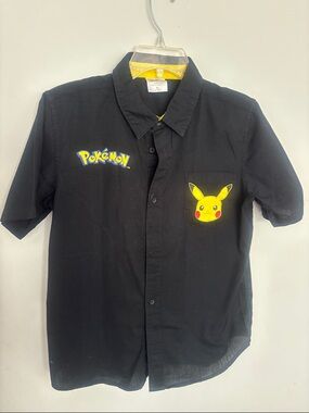 Black Short-Sleeve Button-Up Shirt with Pikachu Pokemon print